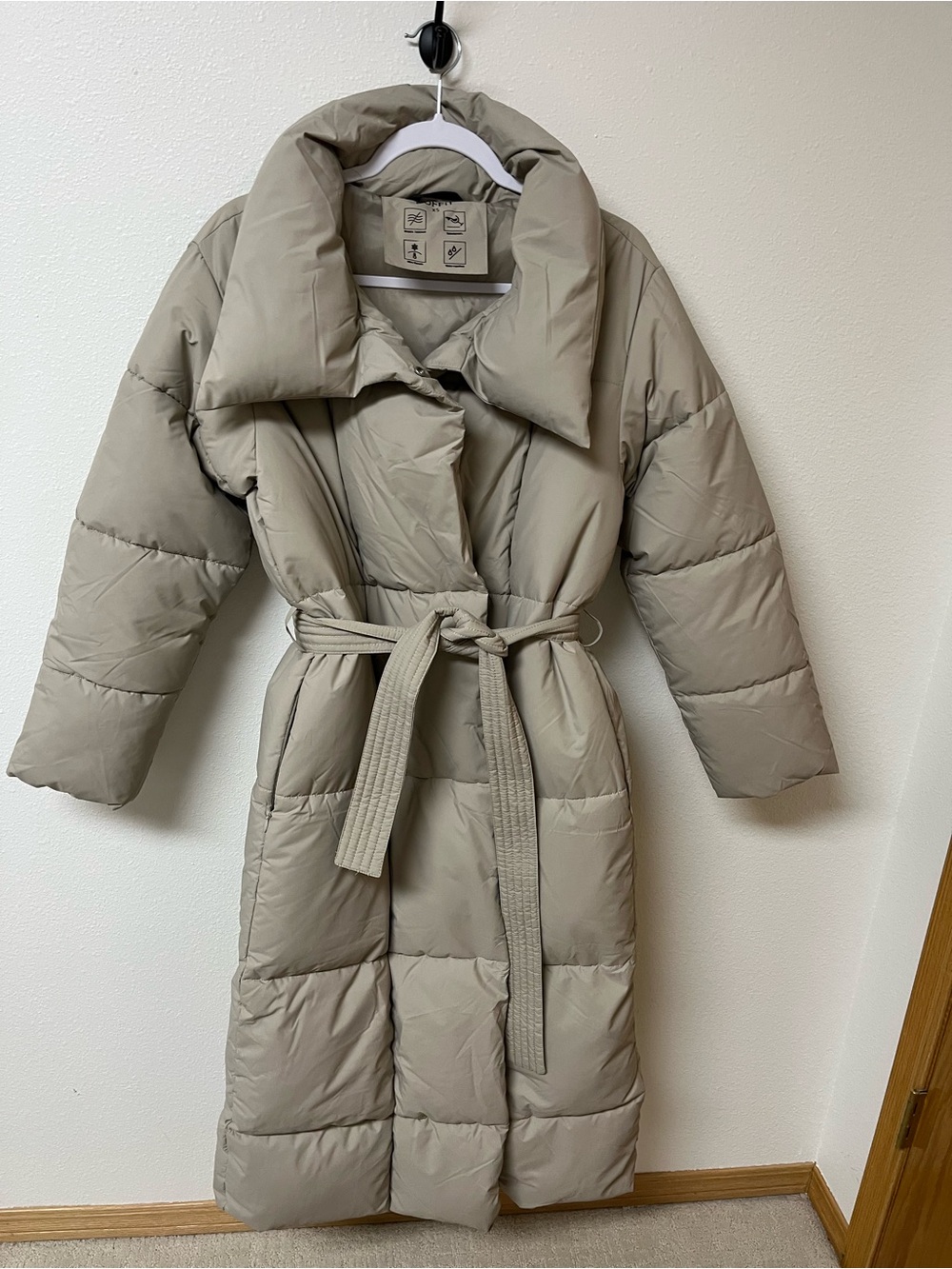 PUFFIT Long Puffer Coat with Belt - Taupe women’s size XS